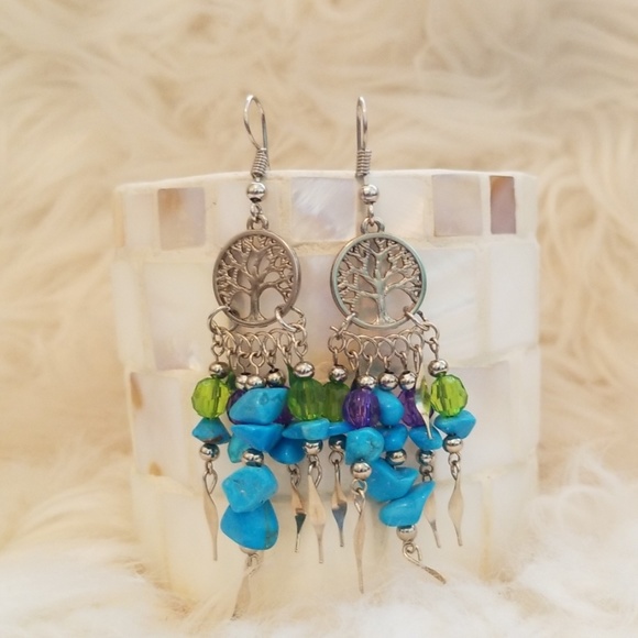 Boho Tree of Life Earrings Blue Purple Green - Picture 2 of 4